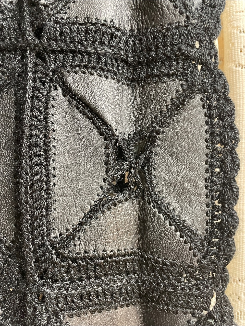 70’s Styled Leather Handcrafted Black Crochet Fringe Wrap Scarf - Picture 5 of 7